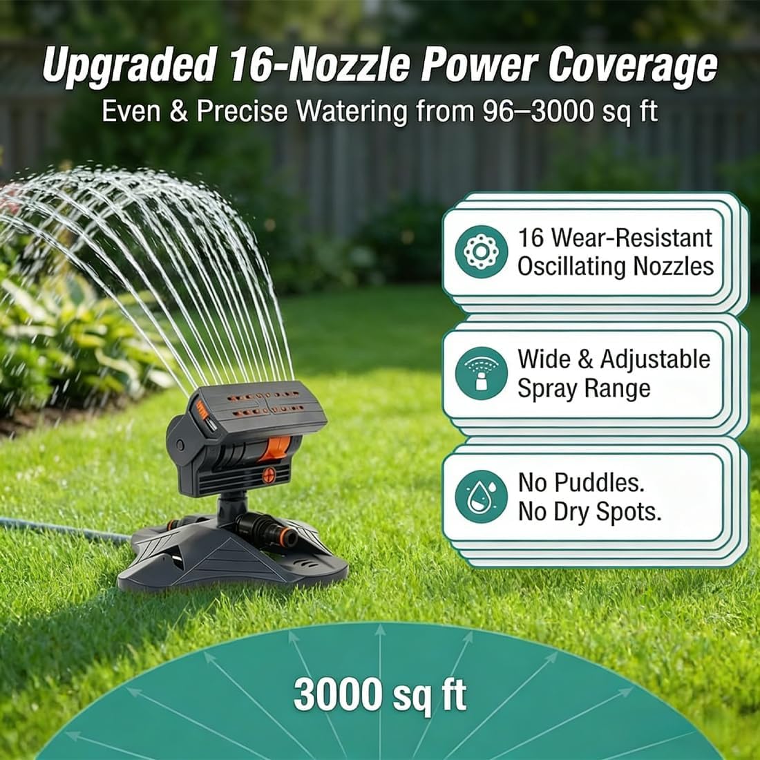 Arroseur oscillant à 16 buses avec minuterie d'arrosage double zone, arroseurs d'eau réglables pour pelouse, cour, jardin, système d'irrigation automatique robuste (vert)
