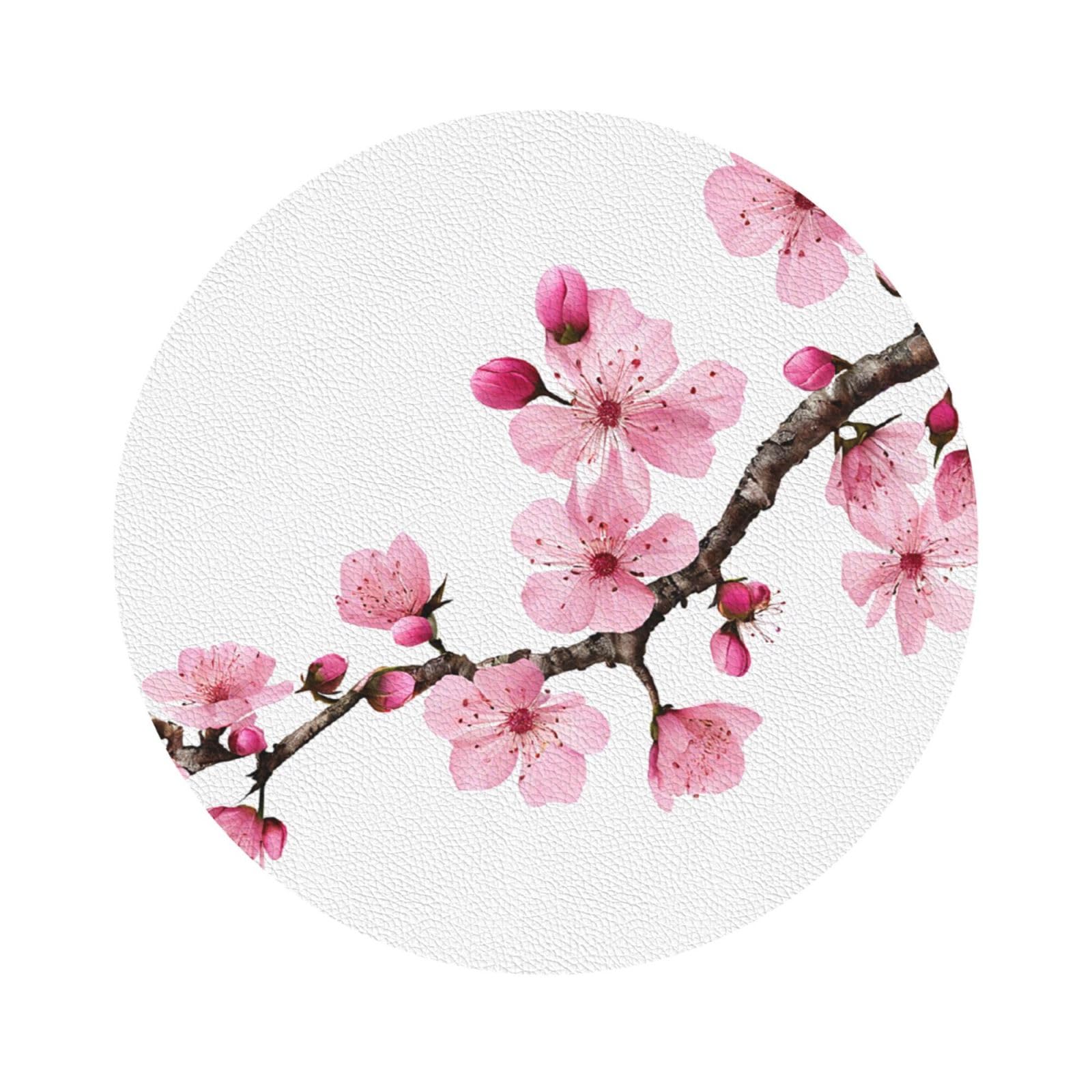 Aspoijhn Round Shape (Tempting Cherry Blossoms) Leather Coaster Set Of 6 Premium Drink Coasters For Home Office Restaurant Bar