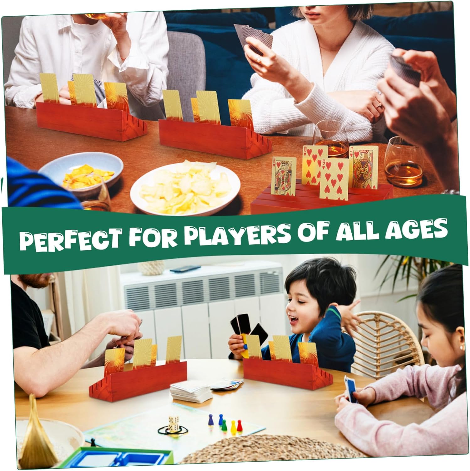 4pcs Wooden Base Playing Card Holders Sturdy Card Stands for Tabletop Games Vertical Display for Easy Identification for All Ages and Game