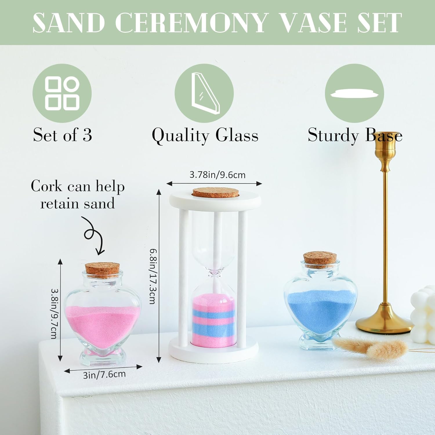 Unity Sand for Wedding Ceremony Set - 3 Pcs Wedding Sand Ceremony Sets Includes 1 Unity Hour Glass and 2 Heart-Shape Glass Sand Ceremony Vase, Wedding Unity Ideas for Ceremony (Sand not Included）