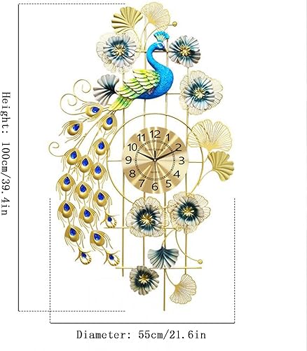 Miniatura 4 de Reloj de pared grande de pavo real, diseño de metal, silencioso, funciona con pilas, relojes de pared digitales decorativos para decoración de sala