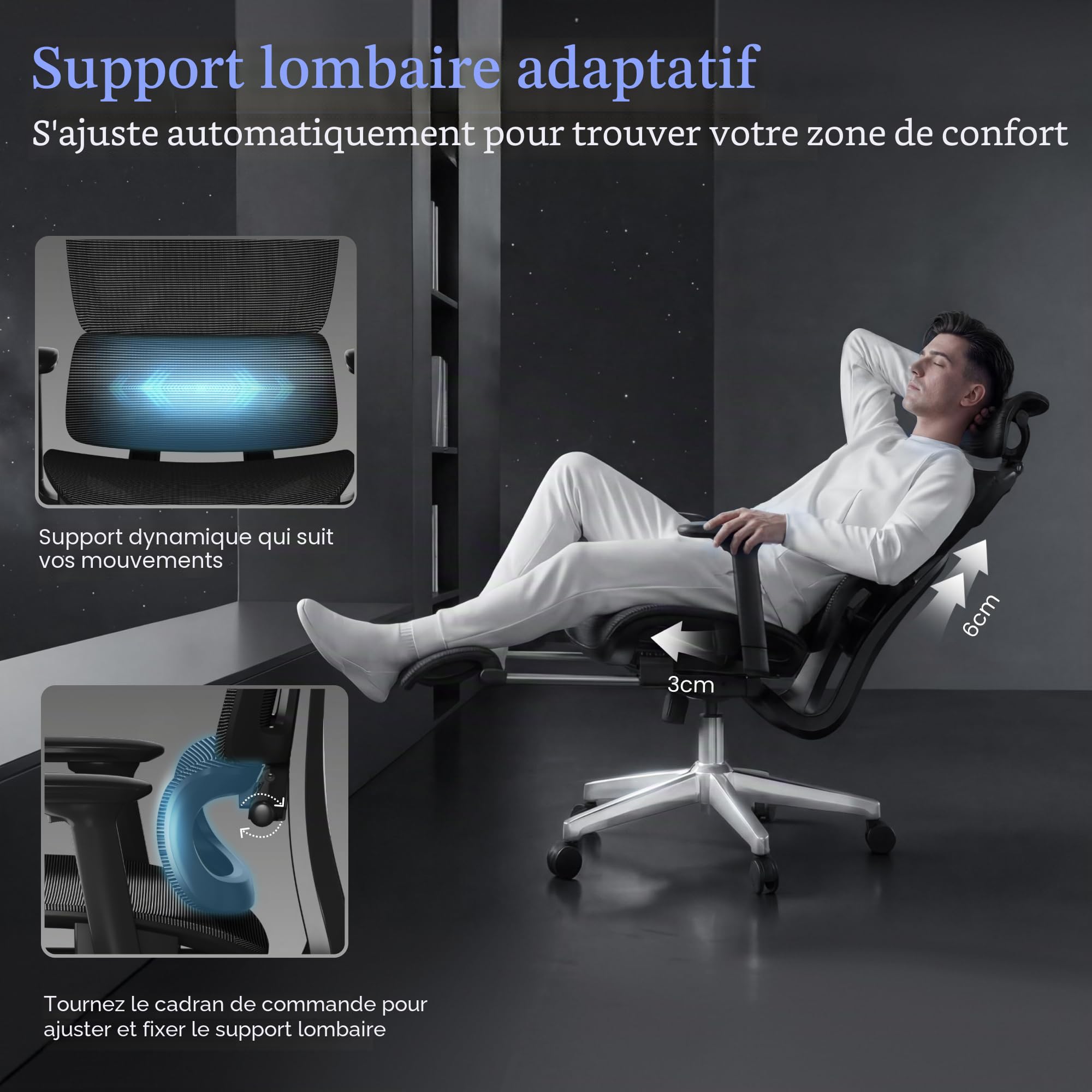 FLEXISPOT ErgoX Chaise Bureau avec Repose-Pieds, Accoudoirs 3D, Chaise de Bureau Ergonomique en Maille Pivotante, Réglable en Hauteur avec Appuie-tête et Soutien Lombaire Indépendant, Noir