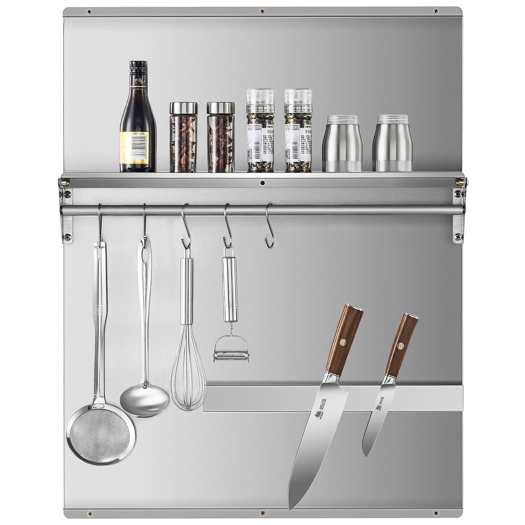 Range Backsplash, 24"x30" Stainless Steel Backsplash with Storage Shelf & Magnetic Knife Rack, Range Hood Stainless Steel Backsplash for Stove, Range Hood Wall Shield with Pre-Drilled Holes