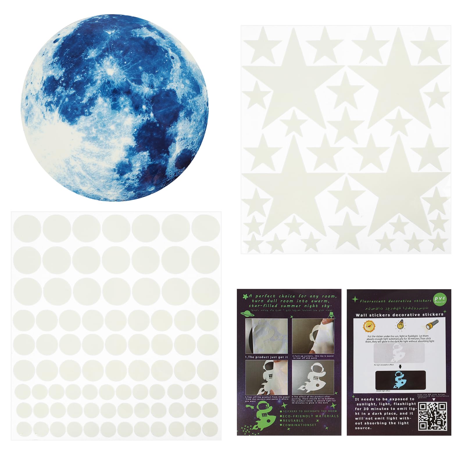 Pegatinas de pared fosforescentes Luna Estrellas compatibles con dormitorio salón, pegatinas adhesivas, color azul 20 cm