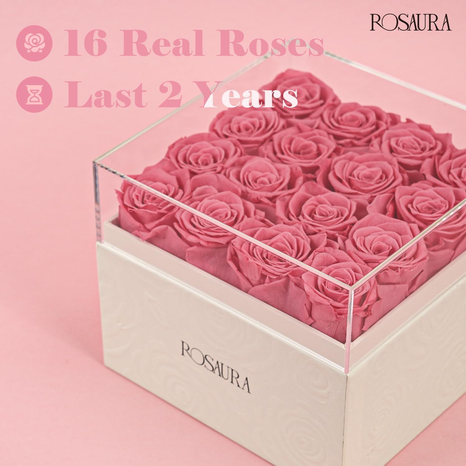 Rosaura Square Preserved Roses Gift Box - Real Forever Flowers in Clear Acrylic Lid, Valentine's for Women (Pink, 16 Roses)