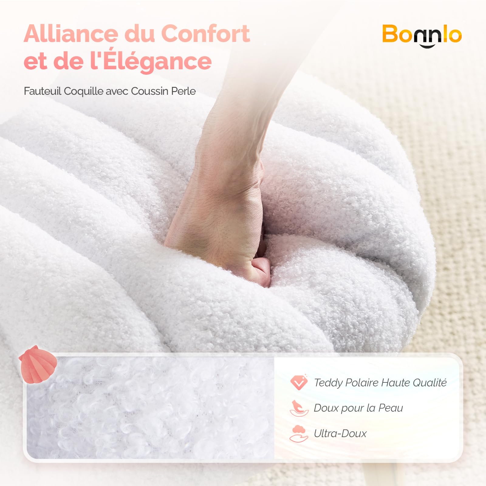 Bonnlo Fauteuil Salon avec Dossier Coquillage, Fauteuil de Maquillage Mignon, Chaise Coiffeuse Élégante, Siège de Salon avec Coussin Perle, Fauteuil Coiffeuse pour Salon, Chambre, en Teddy, Blanc