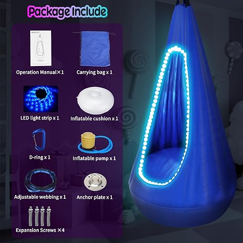 Miniatura 2 de Asiento columpio para niños, hamaca colgante con tira de luces LED y cojín inflable, silla giratoria sensorial para exteriores e interiores, máximo