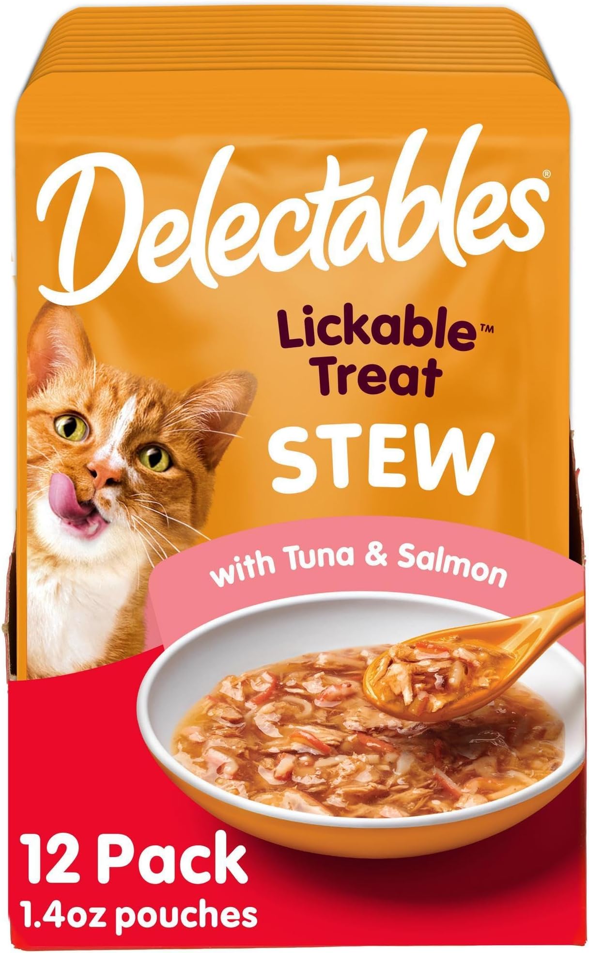 Lickable Treat Stew Wet Cat Treat with Real Tuna & Salmon, Food Topper, Hydrating, Grain-Free, No Fillers, No By-Products, No Added Preservatives, 1.4oz Pouch, 12ct