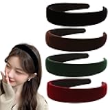 4Pcs Black Velvet Headband for Women Girls Wide Hairbands Pack Non Slip Thick Headband Set Adult Red Brown Green Padded Hair Band Fashion Soft Headbands for Long Short Thin Curly Hair Accessories Gift