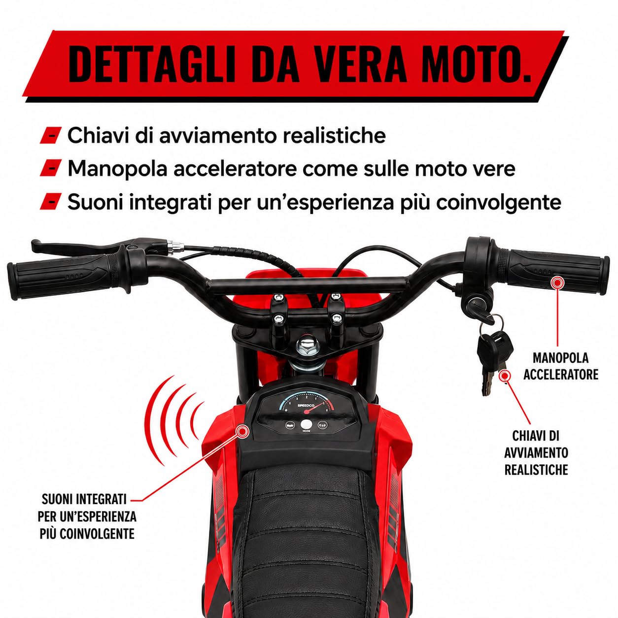 TOYSCAR Moto Elettrica per Bambini 24V 10Ah Thunder Pro Motore 350W, Minimoto Elettrica Moto Cross Elettrica, Pit Bike Elettrica, Ruote Gonfiabili 12" Freno a Disco, Sedile in Pelle, 5-10 Anni (Rosso)