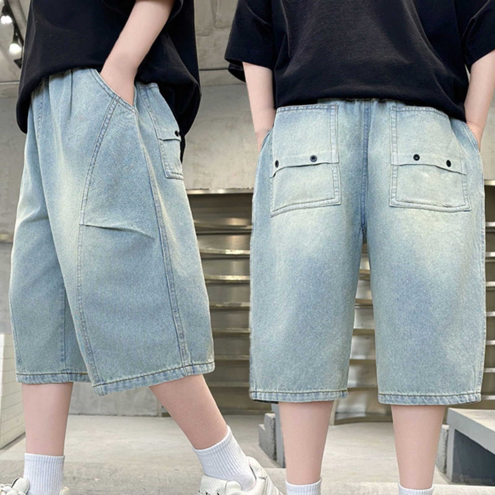 jeans baggy-Pantaloncini misti per ragazzi con elastico in vita per l'estate, pantaloncini in denim casual larghi per bambini dai 5 ai 14 anni, leggeri e resistenti, da indossare tutti i giorni