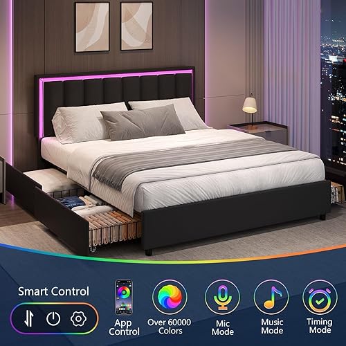Miniatura 3 de Base de cama tamaño Queen con 4 cajones de almacenamiento, marco de cama tapizado con cabecero, luces LED RGB, marco de metal resistente y soporte