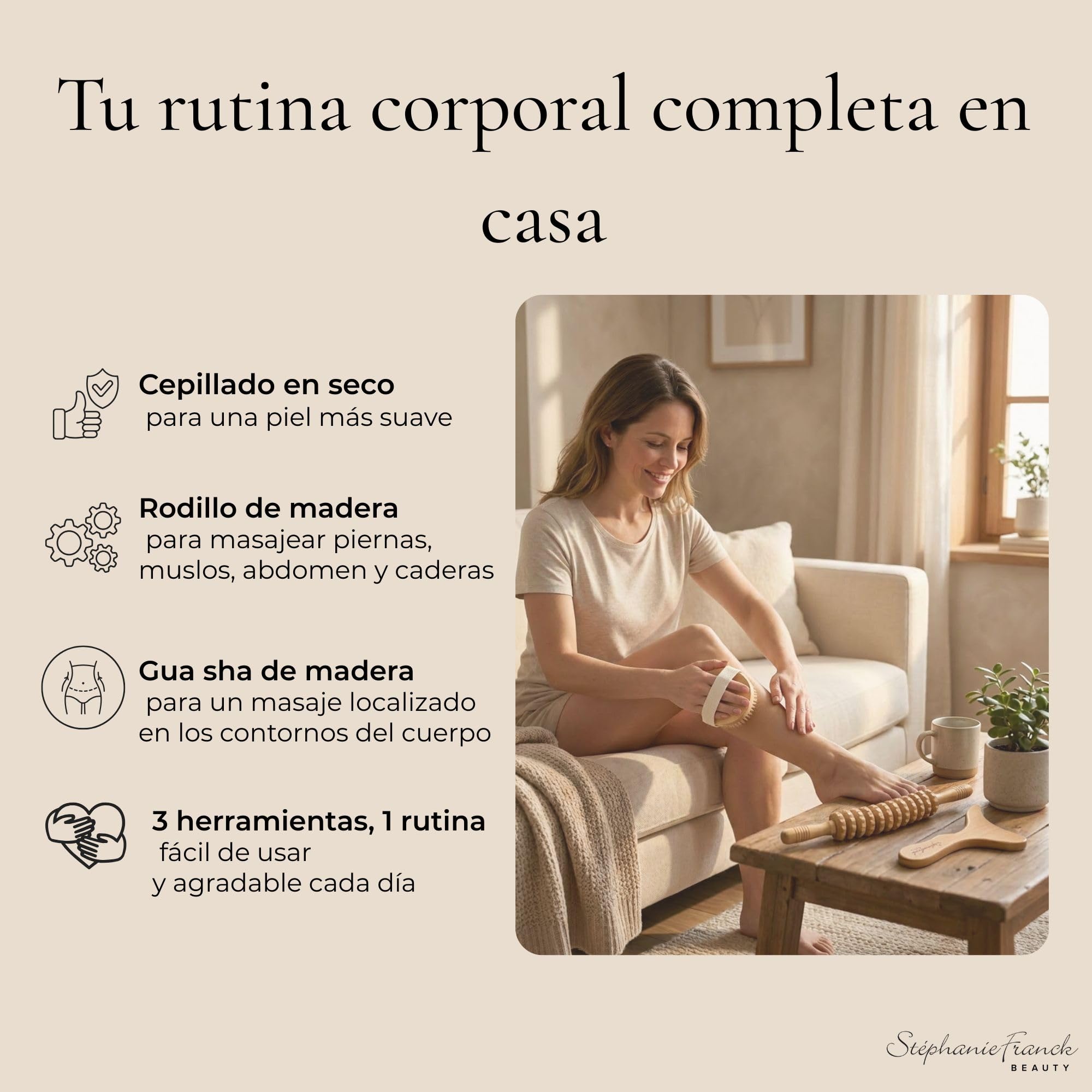 Set de Maderoterapia en Madera, 3 Piezas con Rodillo Masajeador, Gua Sha Corporal y Cepillo en Seco, para Piernas, Muslos, Abdomen y Brazos