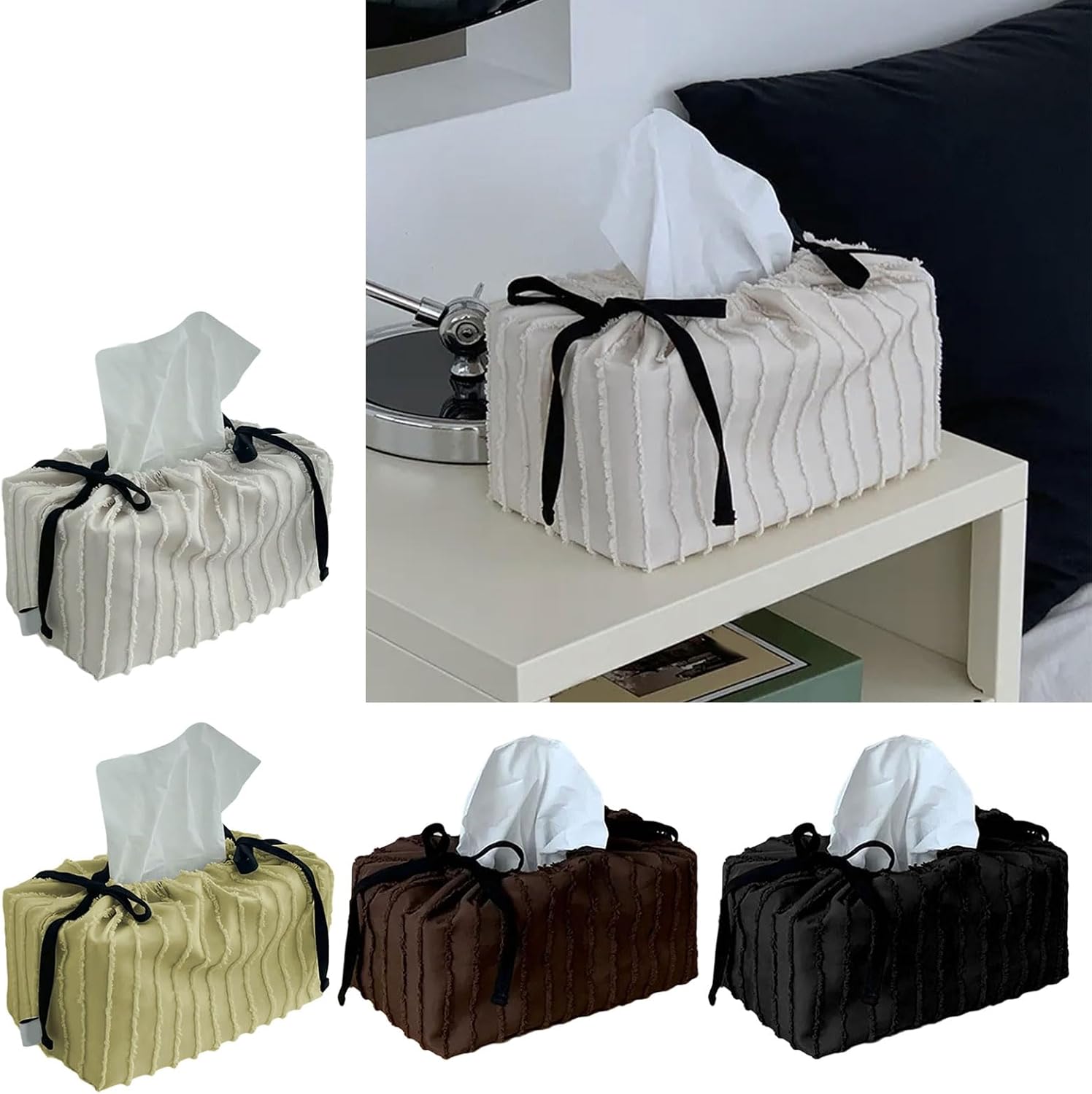 Stylish Tassels Trimmed Fabric Tissue Box Cover Multipurpose Home Decoration Storage Container for Tabletop Display Stylish Polyester Napkin Dispenser