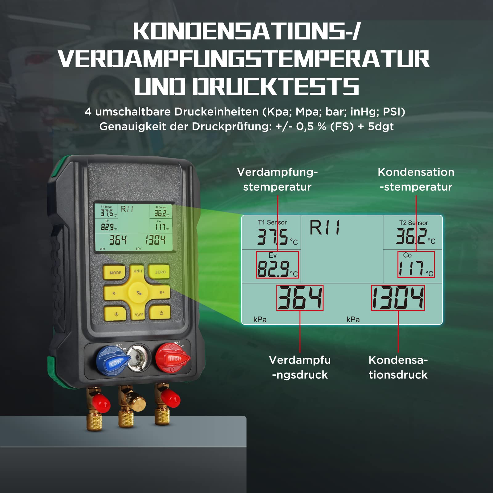 KAISAL Digitale Monteurhilfe Klimaanlage Kältemittel R410a R32 R22 R1234YF HVAC Manifold Messgeräte Druck- und Temperaturprüfung Auto AC