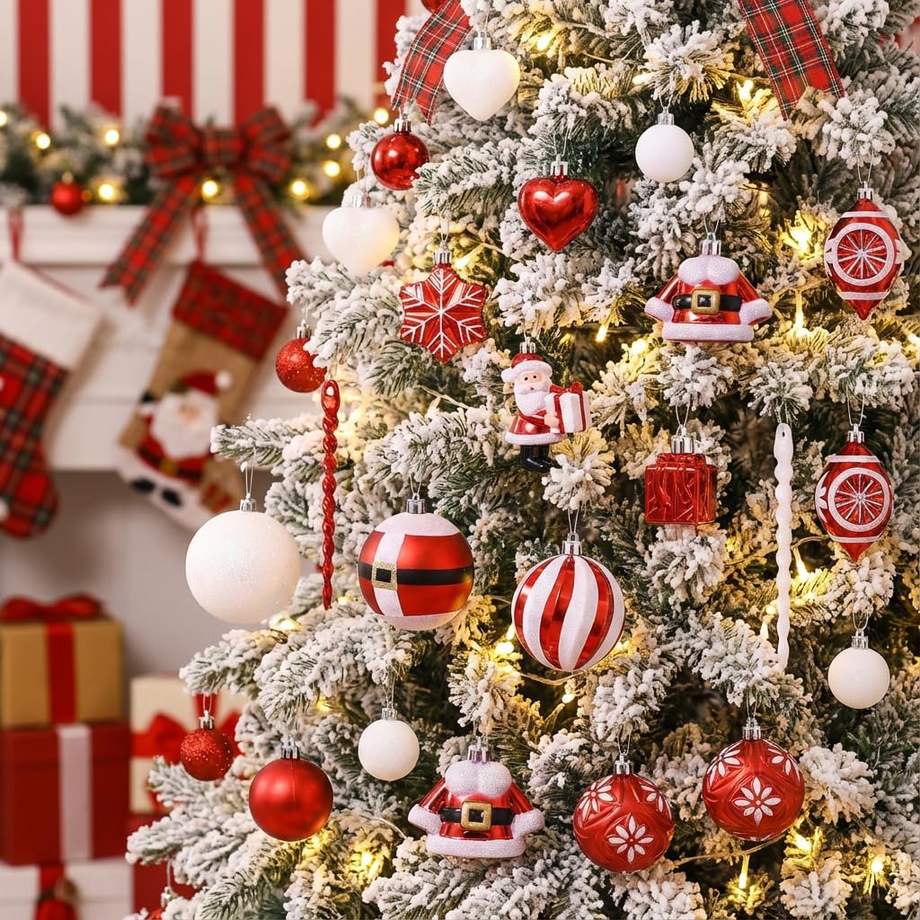 Valery Madelyn Christmas Ornaments Set, 70ct Red and White Shatterproof Christmas Tree Decorations Set, Variety Traditional Red and Silver Decorative Hanging Ball Ornaments Bulk for Xmas Holiday Decor
