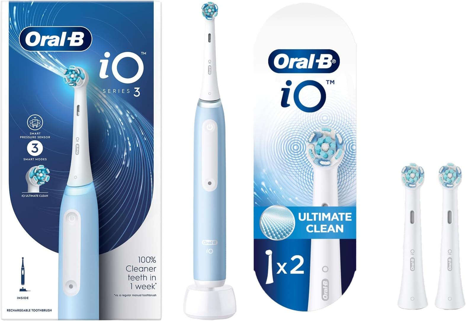 iO3 Ultimate Electric Toothbrush For Adults, 3 Smart Modes, Round Brush Head (Blue) With Original iO Electric Toothbrush White Replacement Brush Heads, Pack Of 2 Refills