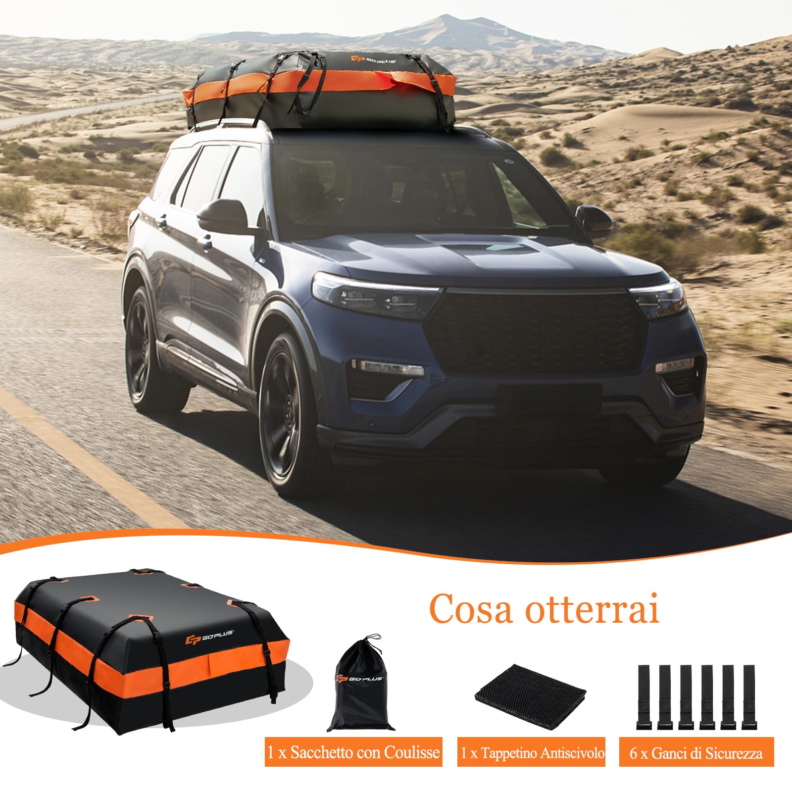 GYMAX 600L Borsa da Tetto per Auto, Design Impermeabile con 10 Cinghie Rinforzate, 6 Ganci per Porta, Tappetino Antiscivolo e Borsa di Stoccaggio, 132 x 100 x 43 cm