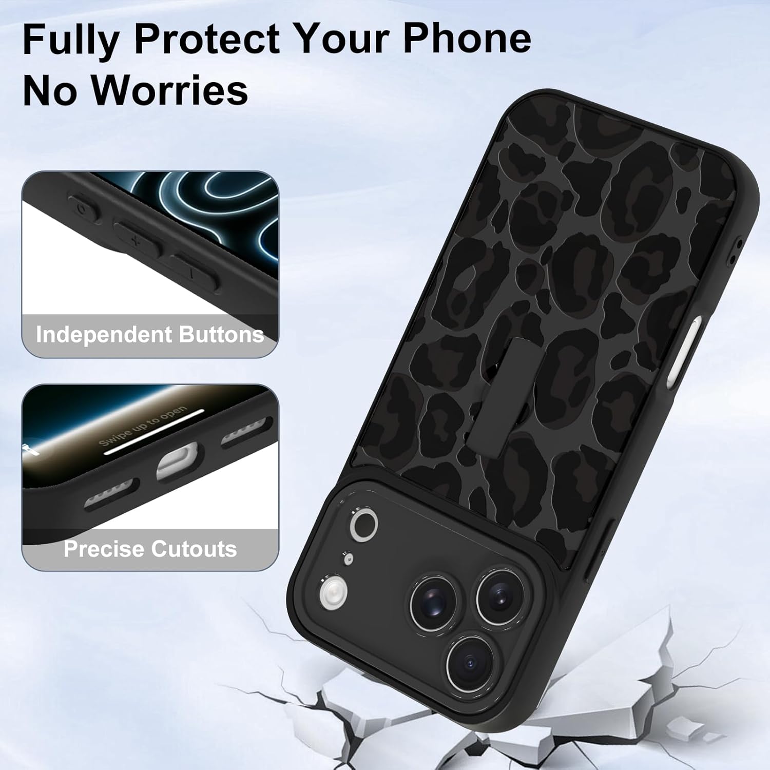 for iPhone 17 Pro Max Case with Finger Strap Kickstand,Luxury Leopard Cheetah Pattern for Women Men,Full Camera Protection Aesthetic Shockproof TPU Design,Black Leopard - Image 5