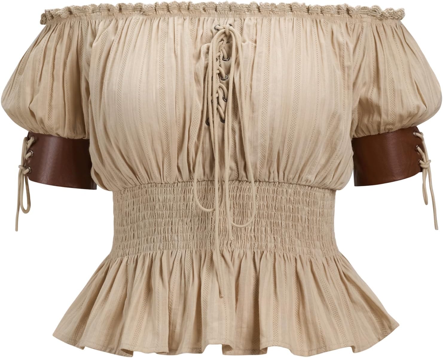 YESSA Women Renaissance Shirt,Victorian Off Shoulder Peasant Blouse,Pirate Short Sleeve Smocked Tops,Ren Faire Costumes - Image 6