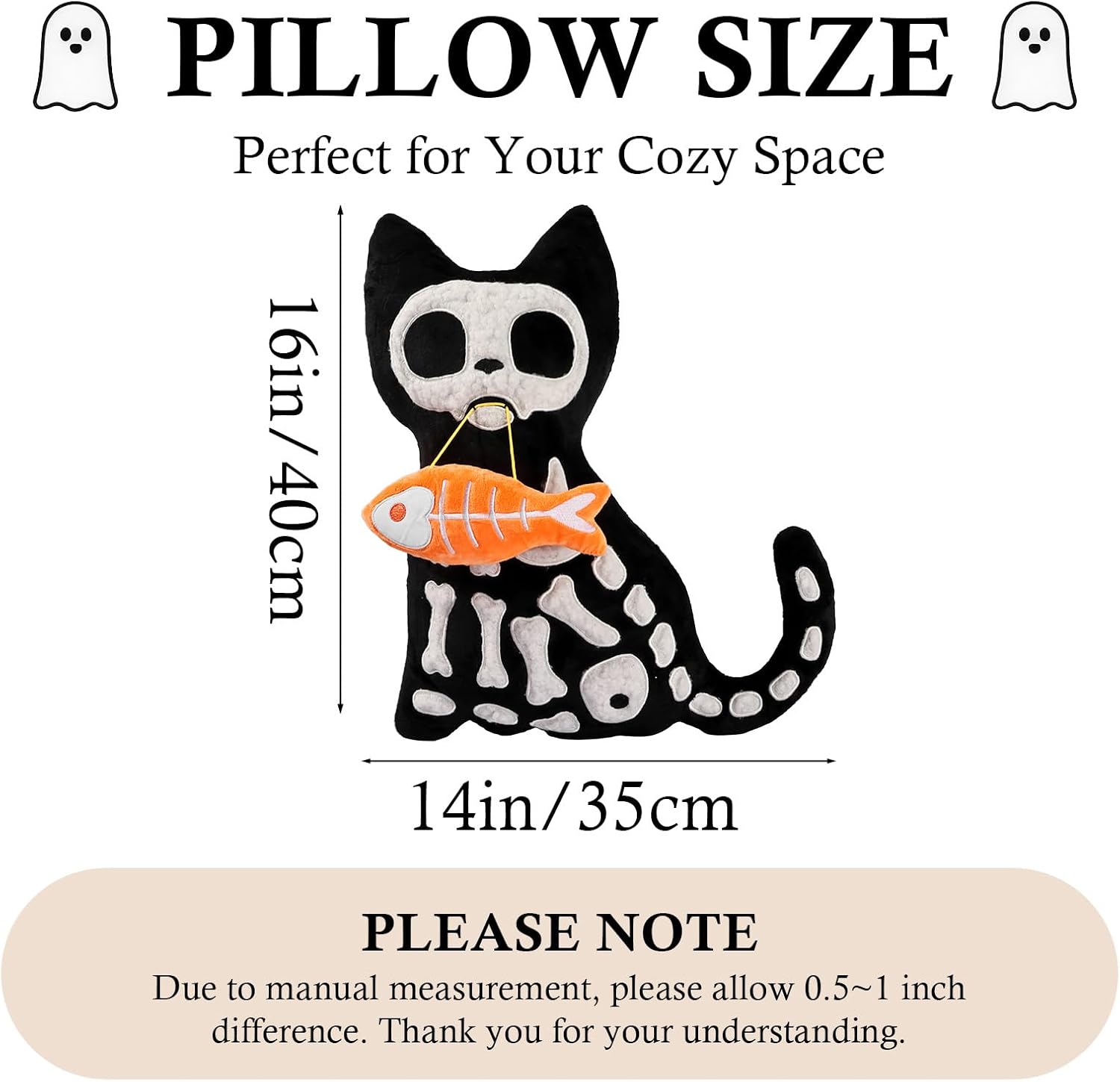 Bunny Chorus Halloween Decorations Plush Throw Pillow, Cute Black Cat Skeleton Stuffed Pillow with 3D Bone Applique and Orange Fishbone, Spooky Halloween Decor Indoor for Sofa Couch Bed Office image 2