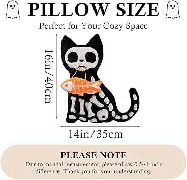 Bunny Chorus Halloween Decorations Plush Throw Pillow, Cute Black Cat Skeleton Stuffed Pillow with 3D Bone Applique and Orange Fishbone, Spooky Halloween Decor Indoor for Sofa Couch Bed Office