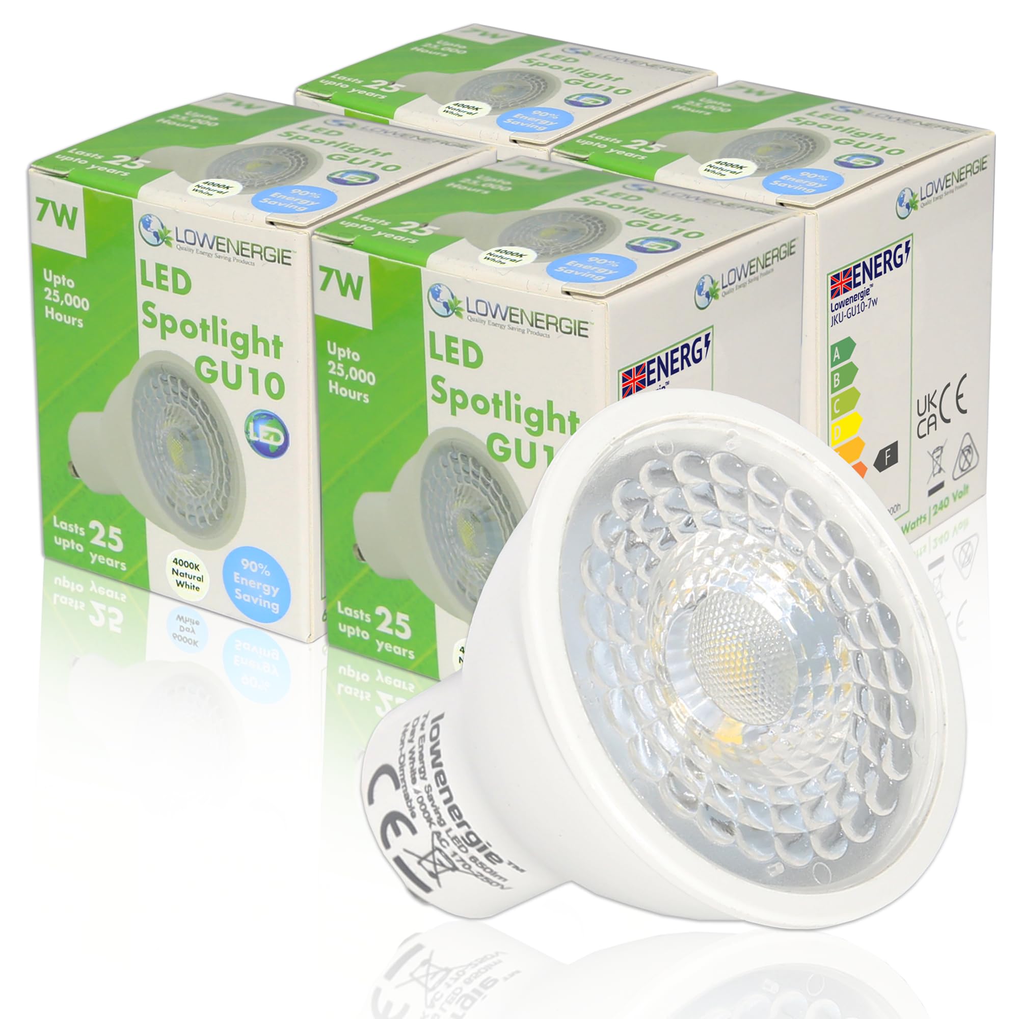 LOWENERGIE 7W GU10 LED Spotlight Bulbs – Pack of 4 Natural White 4000K Downlights [Energy Class F]