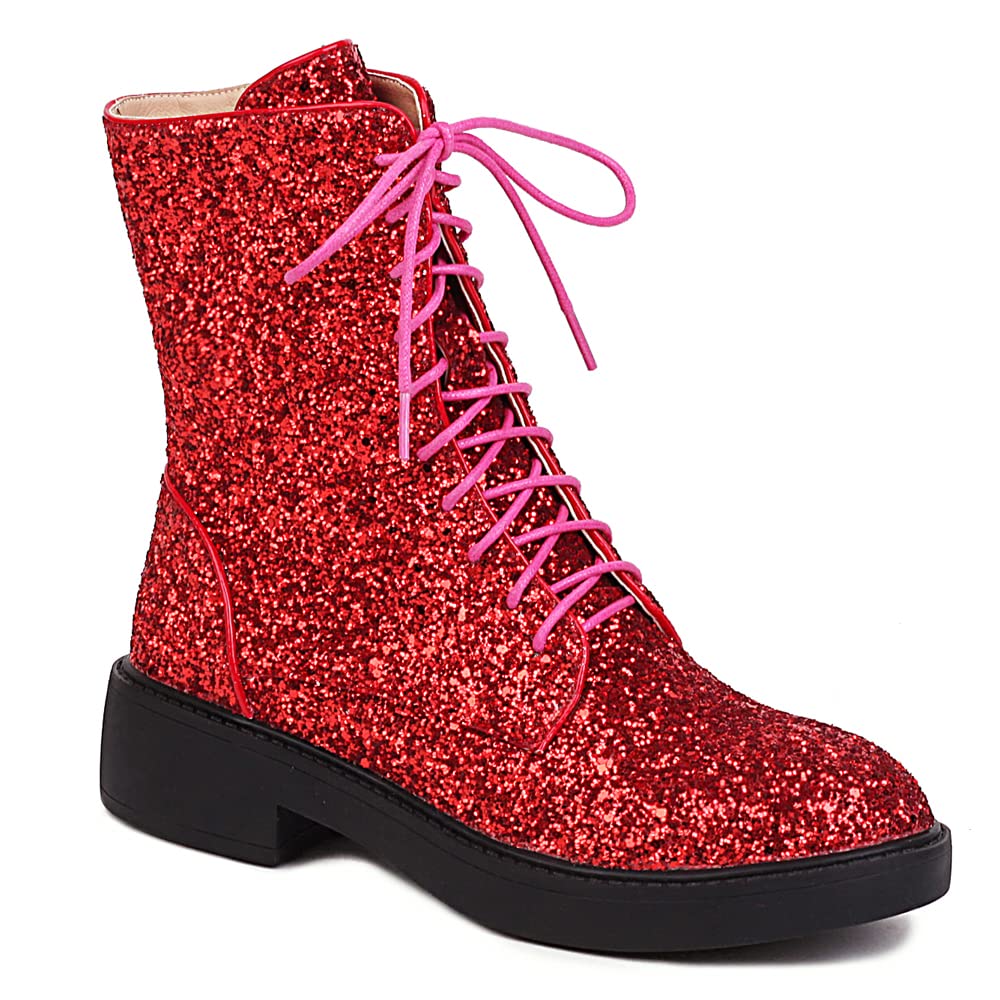 YIYAWomen's Lace Up Glitter Sequin Combat Boots Round Toe Chunky Low Heel Side Zipper Sparkly Ankle Booties