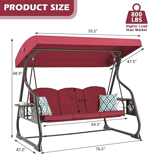 Miniatura 7 de Columpio de 3 asientos para patio, porche, columpio para exteriores de 800 libras con soporte con toldo y respaldo ajustable con almohadas