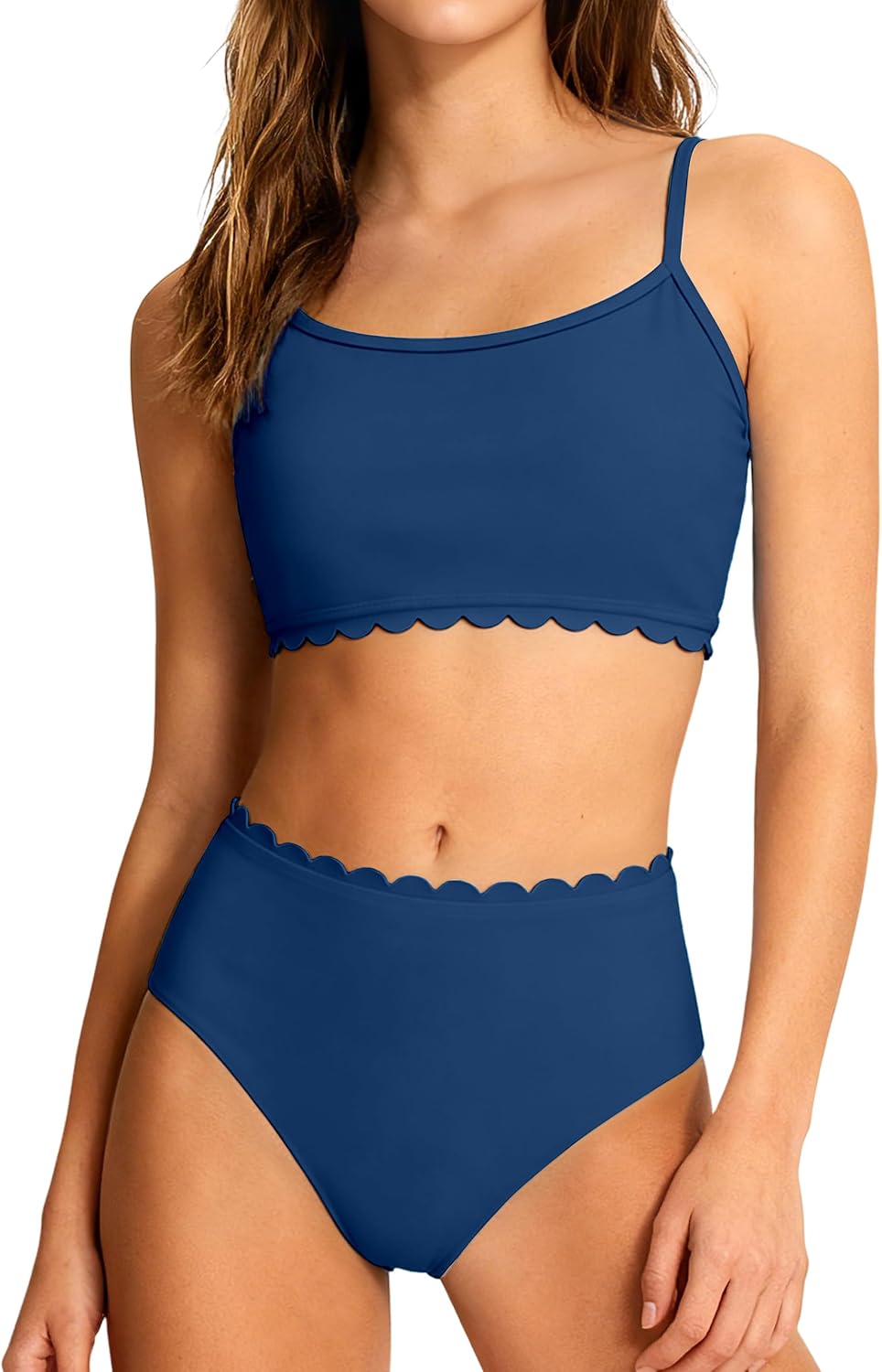 Girls Swimsuit Two Piece Crewneck Adjustable Straps Swimsuit Bikini Sets Wavy-Edge Bathing Suit for Girls 9-16Years