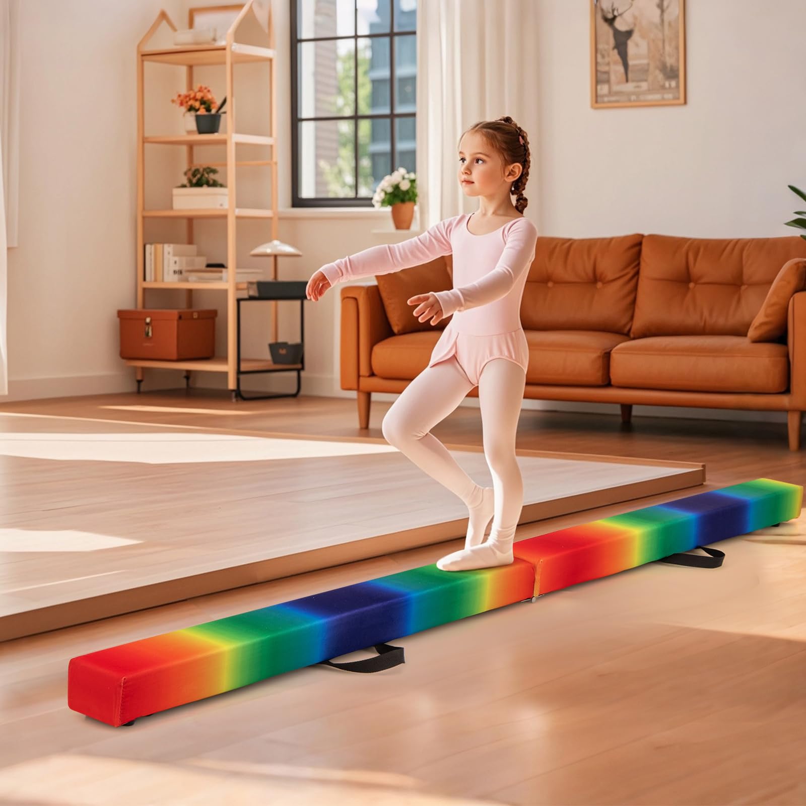 GYMAX Viga de Gimnasia Plegable de 210/240/270 cm, Barra de Equilibrio con Base Antideslizante, Marco de Madera de Pino, Asa para Transportar, Espuma Extra Firme, para Niños