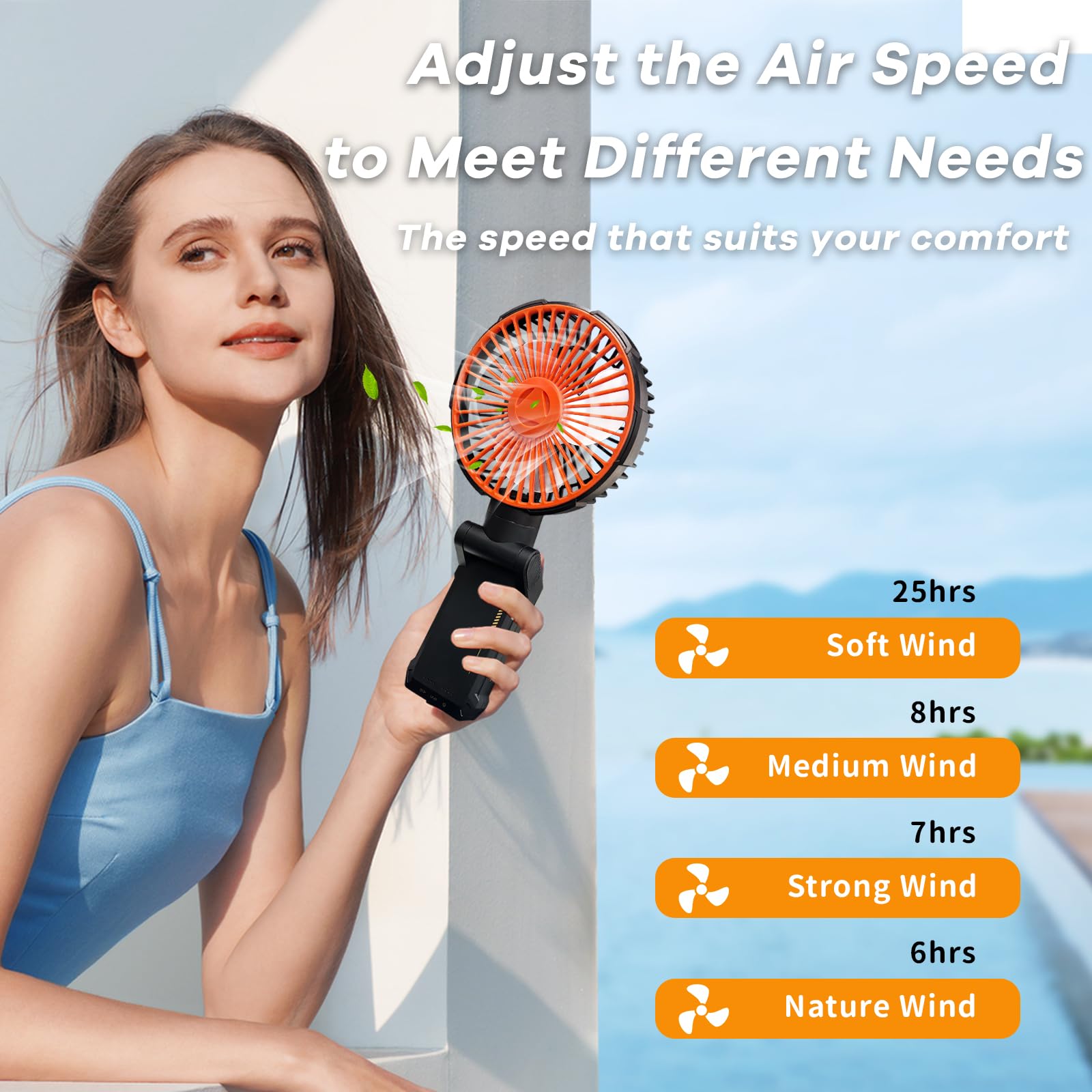 Ventilateur portable magnétique avec lumière LED – 4 vitesses réglables, rotation à 70°, 2 heures, ventilateur à clip pour poussette, voyage, camping, golf, salle de sport (orange)