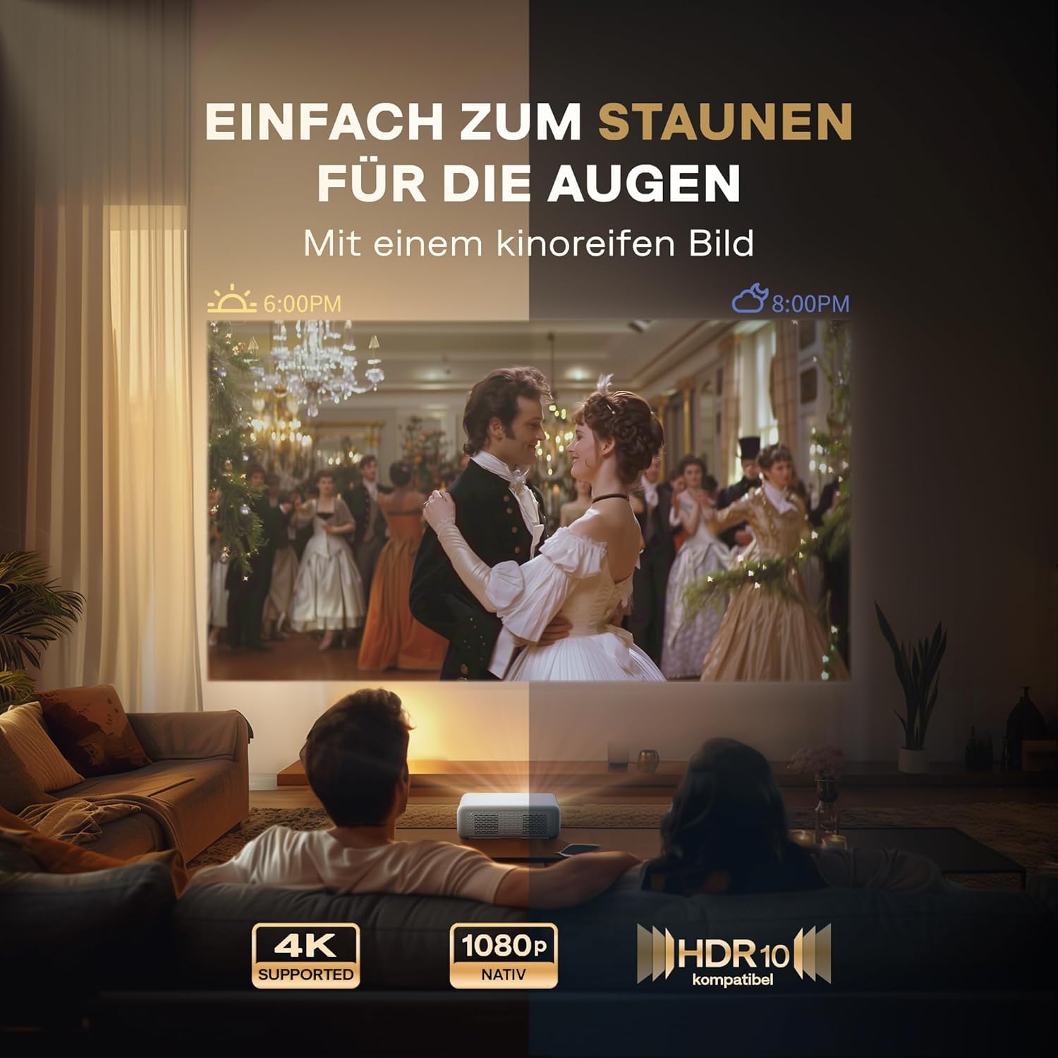 Aurzen EAZZE D1 Smart Beamer Heimkino Projektor 4K Unterstützt Full HD 1080P Beamer mit Netflix & Dolby Audio, Autofokus & Trapezkorrektur, Mini WiFi Bluetooth Video Projektor, Weiß