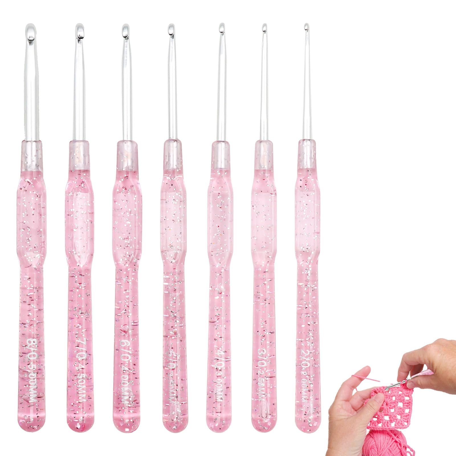 COGVOHY 7 PCS Crochet Hooks Sets, 2mm/2.5mm/3mm/3.5mm/4mm/4.5mm/5mm Crochet Needles with Ergonomically Soft Grip for Handwork (Pink)