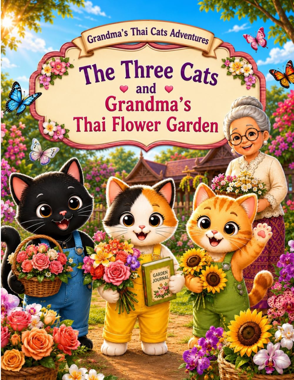 The Three Cats and Grandma's Thai Flower Garden: A Cute Cat Adventure and Thai Culture Coloring Book for Kids and Adults (Grandma's Thai Cats Adventures)