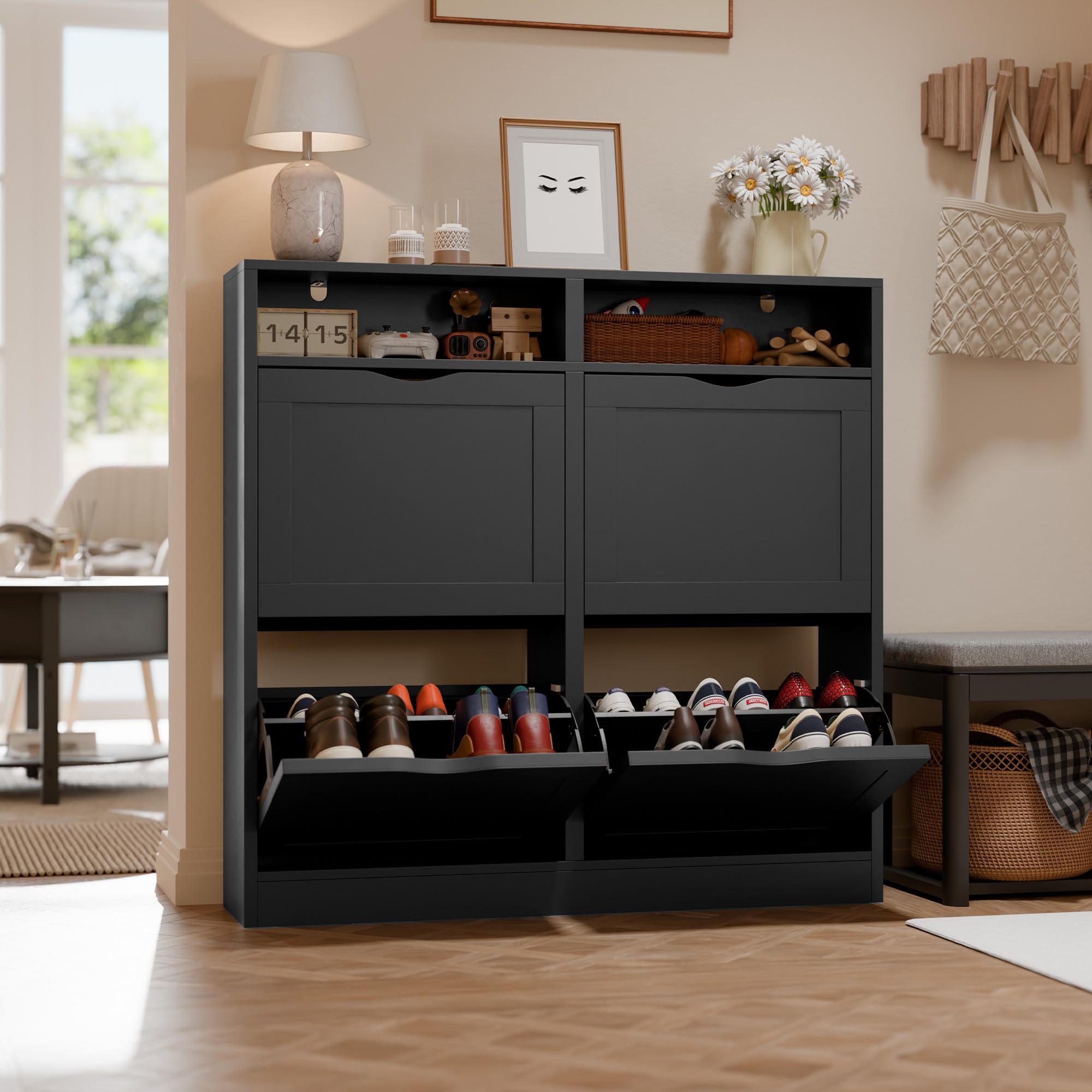 ELUCHANG Schuhschrank schmal mit 4 Klappen / 8 Ablagen, Platzsparender Schuhkipper Schuhkommode, Geschlossen Schuhregal, Shoe Cabinet Flurschrank für Diele/Flur/Garderobe, Schwarz