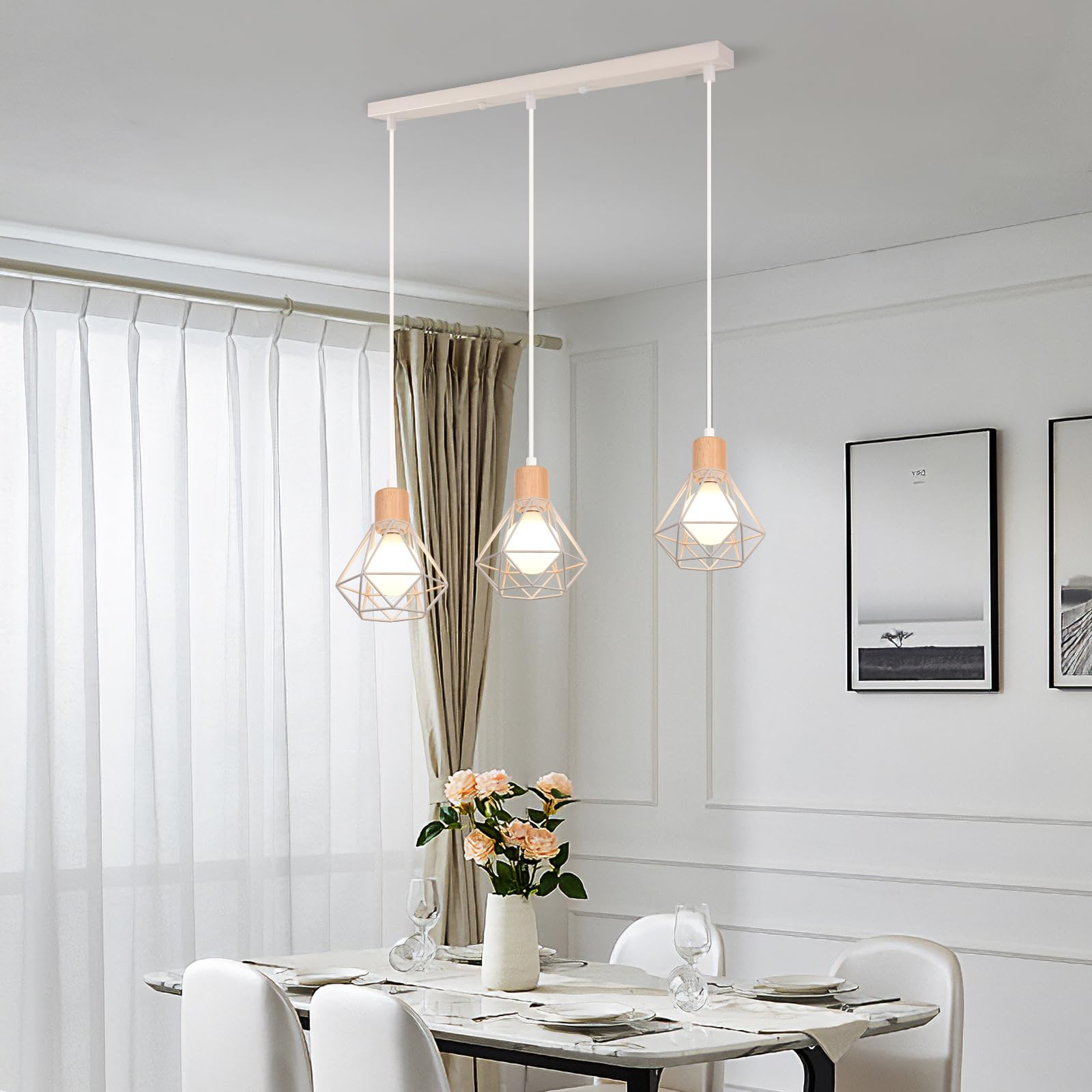 iDEGU 3 Luci Lampadario Industriale in Metallo Legno Lampada da Soffitto Stile Gabbia Bianco Illuminazione E27 Lampada a Sospensione Vintage per Sala da Pranzo Cucina Soggiorno Caffè (Barra)