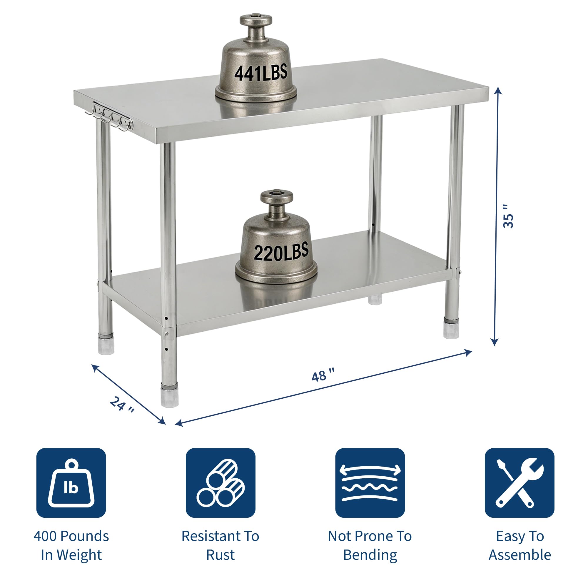 Mesa de preparación Comercial de Acero Inoxidable de Alta Resistencia de 48 x 24 x 35 Pulgadas – Protector contra Salpicaduras – Gancho para ollas – Patas Ajustables – Cocina de Restaurante,