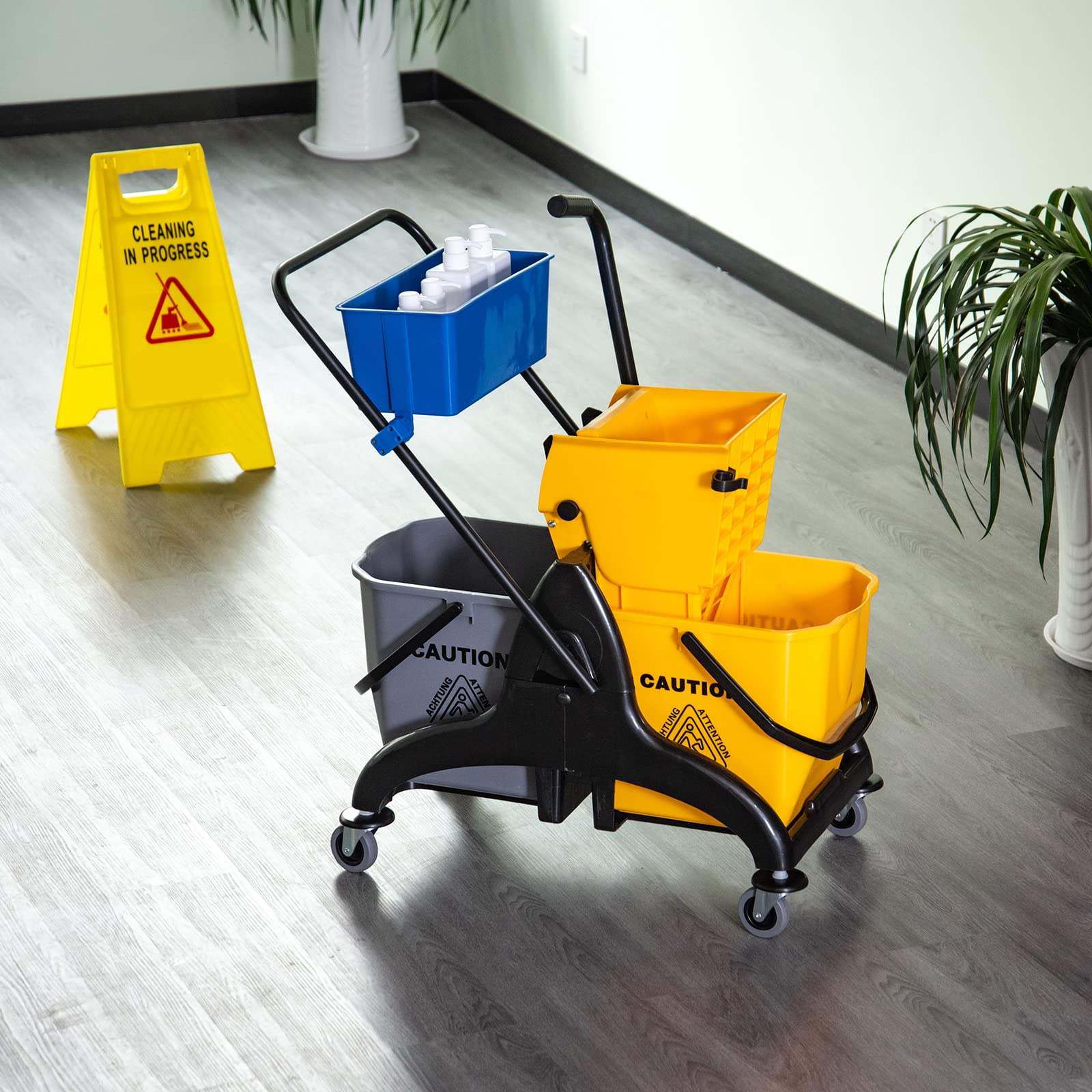 HOMCOM Cubo de Fregona con Ruedas, 26 L, Cubo de Fregar con Sistema de Escurridor de Presión Lateral, Asa de Transporte y Doble Cubetas Separadas para Doméstico y Comercial, Amarillo y Azul