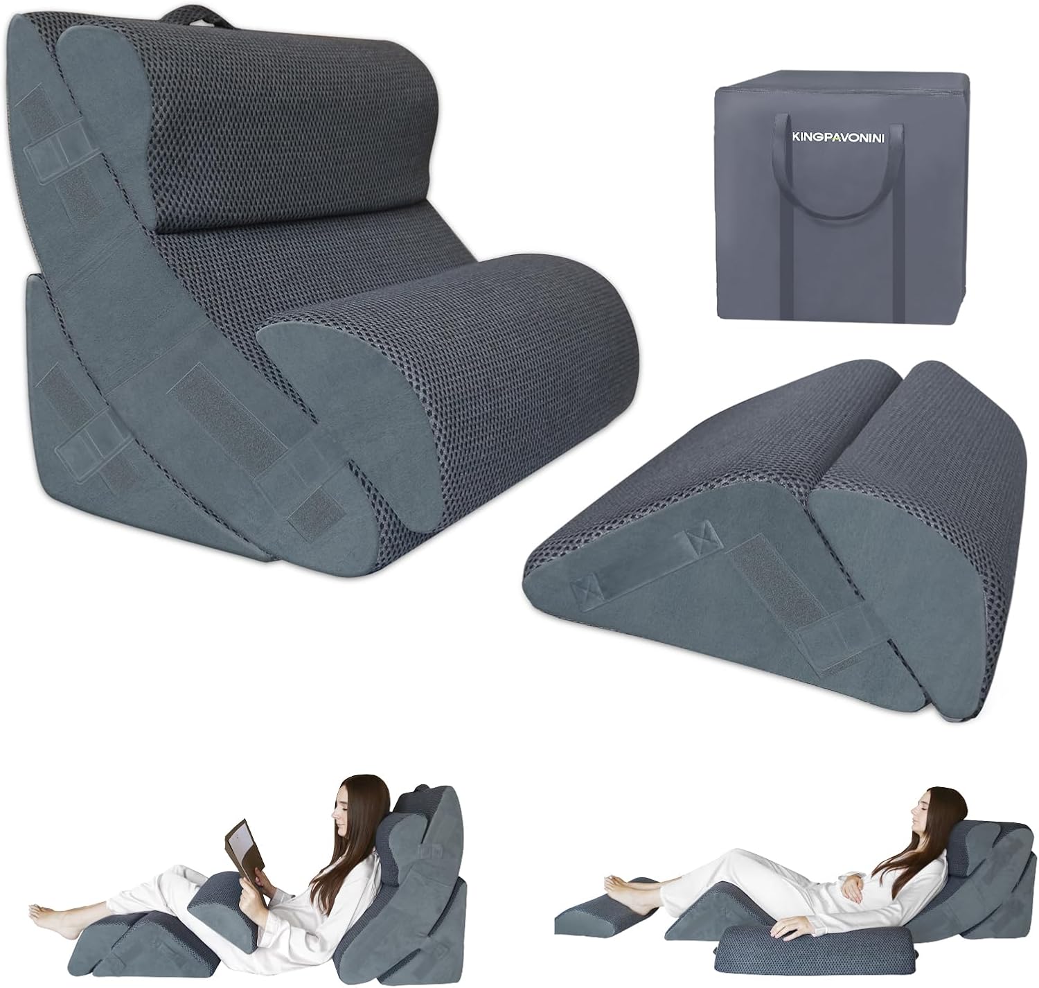 6PCS XL Orthopedic Bed Wedge Pillow for Sleeping, Gel Memory Foam Post Surgery Pillow Set for Back, Neck, Leg Support, Acid Reflux, Gerd, Anti Snoring, with Washable Cover & Travel Bag (Gray, 24'' W) Gray 6 Piece Set - 24" Wide