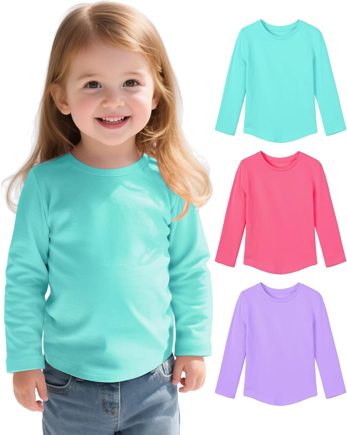 Witwot 3 Pack Toddler Girl Long Sleeve Shirts Soft Cotton Tees Baby Girls Crewneck Basic T-Shirts Tops for 18M-5T