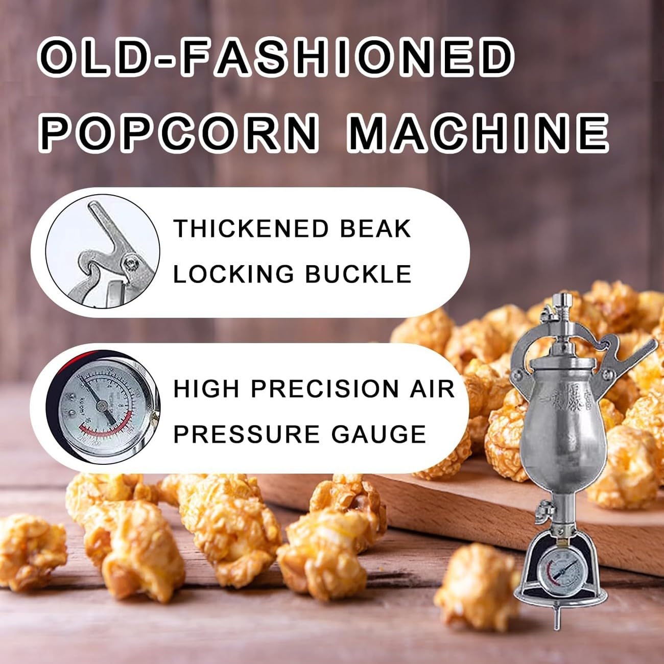 Mini Palomitero Hacer a PresióN, Estilo Retro Palomitera De Acero Inoxidable,Popcorn Maker Con Manivela,Manómetro, Base de madera para el Hogar(Plata,328ml)