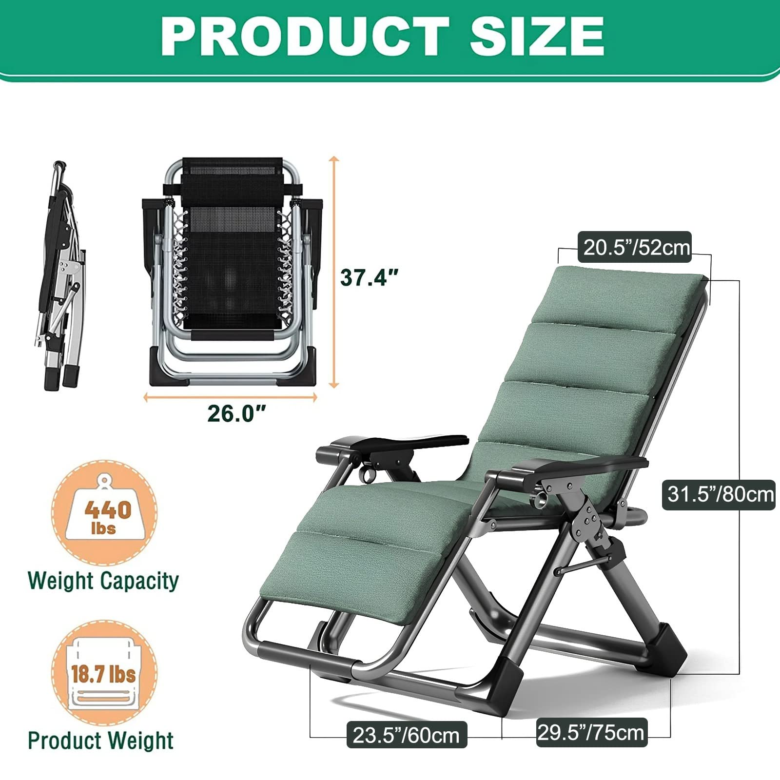 Tumbona Plegable, Silla Reclinable De Jardín, Silla Gravedad Cero con Soporte para Bebidas, Soporta hasta 180 Kg, Tumbona Jardin Exterior para Playa Piscina Hamaca Reposabebidas (Color : Linen Green