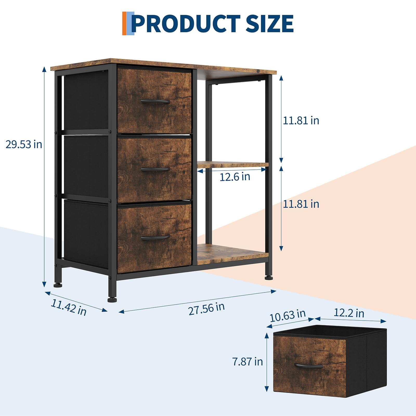 Aktenschrank 70 x 29 x 75 cm, Büroschrank mit 3 Schubladen & 2 Offene Fächer, Schubladenschrank wasserdichte, Druckerständer Stahlkonstruktion, Ordnerschrank mit Verstellbare Füße, Vintagebraun