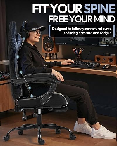 Miniatura 4 de Silla de juegos con reposapiés, silla ergonómica de malla de cuero de 330 libras, soporte lumbar de masaje, altura ajustable y almohada para