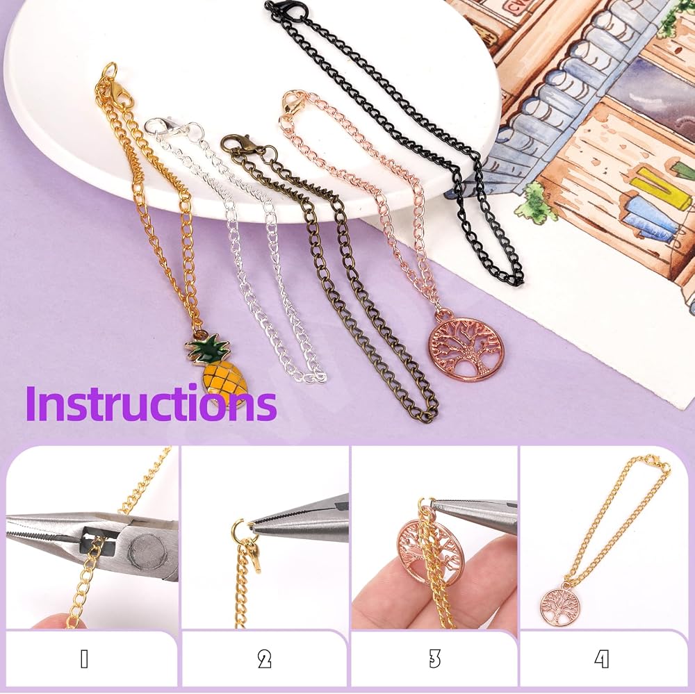 Swpeet 102Pcs Gold 3mm by 10 Yard Length Jewelry Making Chains Kit with Jump Rings, Lobster Clasps and Jewelry Plier, Necklace Chains Flat Cable Link Chain Bulk Ideal for DIY Craft Jewel Making