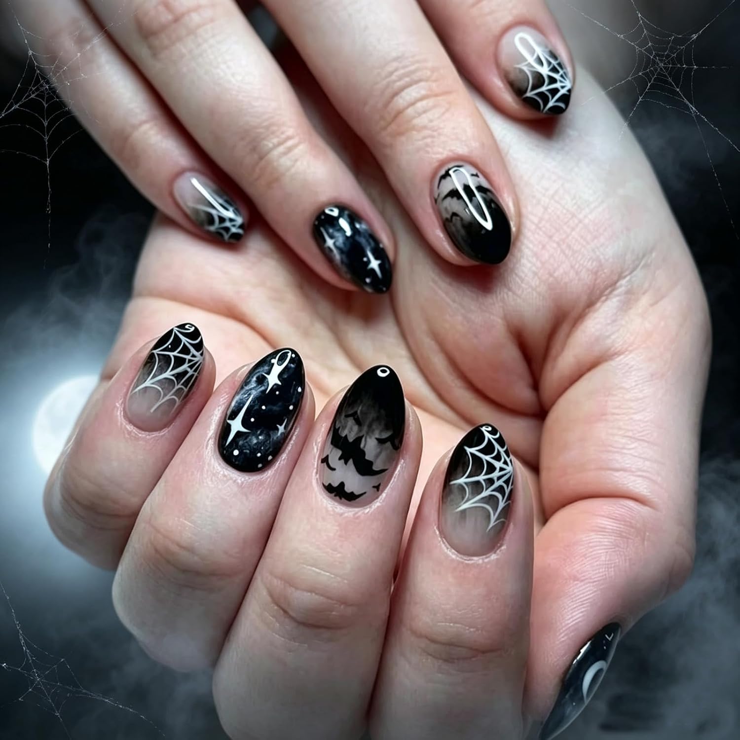 Short Almond Acrylic Fake Nails Halloween Press on Nails Spider Web Bat