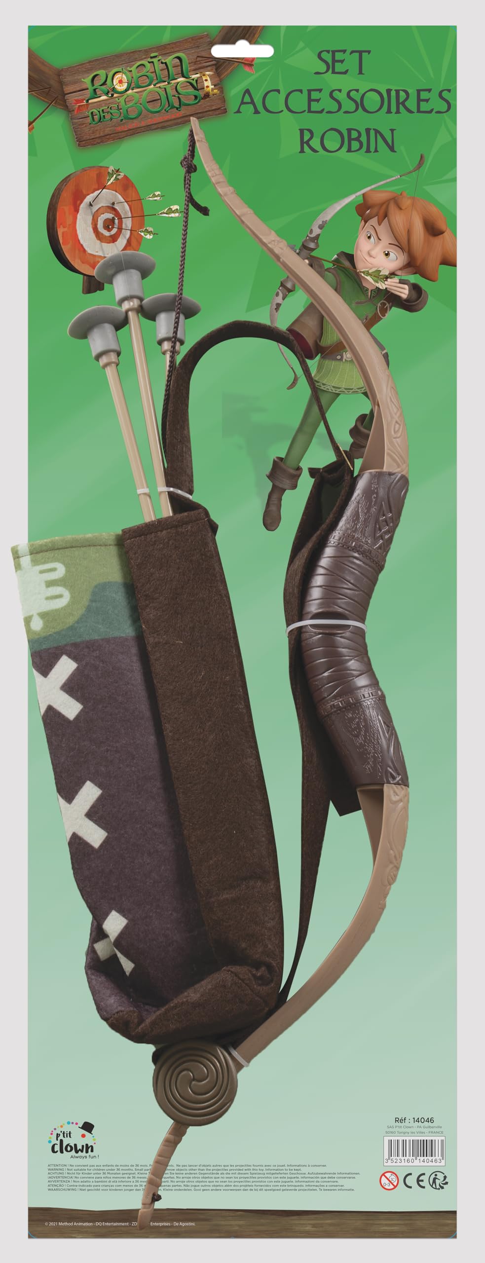 P'TIT Clown - 14046 - Set Accessori Robin Hood™ - Licenza Ufficiale - Arco, 3 Frecce con Ventosa, Faretra - Accessorio per Travestimento Bambino - Carnevale, Feste a Tema