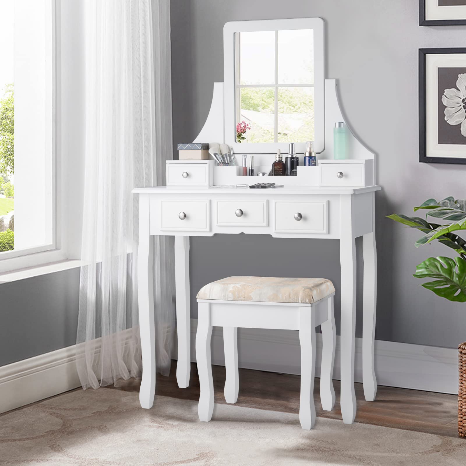 COSTWAY Vanity Desk Set with Mirror, Vanity Desk and Cushioned Stool Set with 5 Storage Drawers, Makeup Dressing Table for Bedroom Women Girls (White)