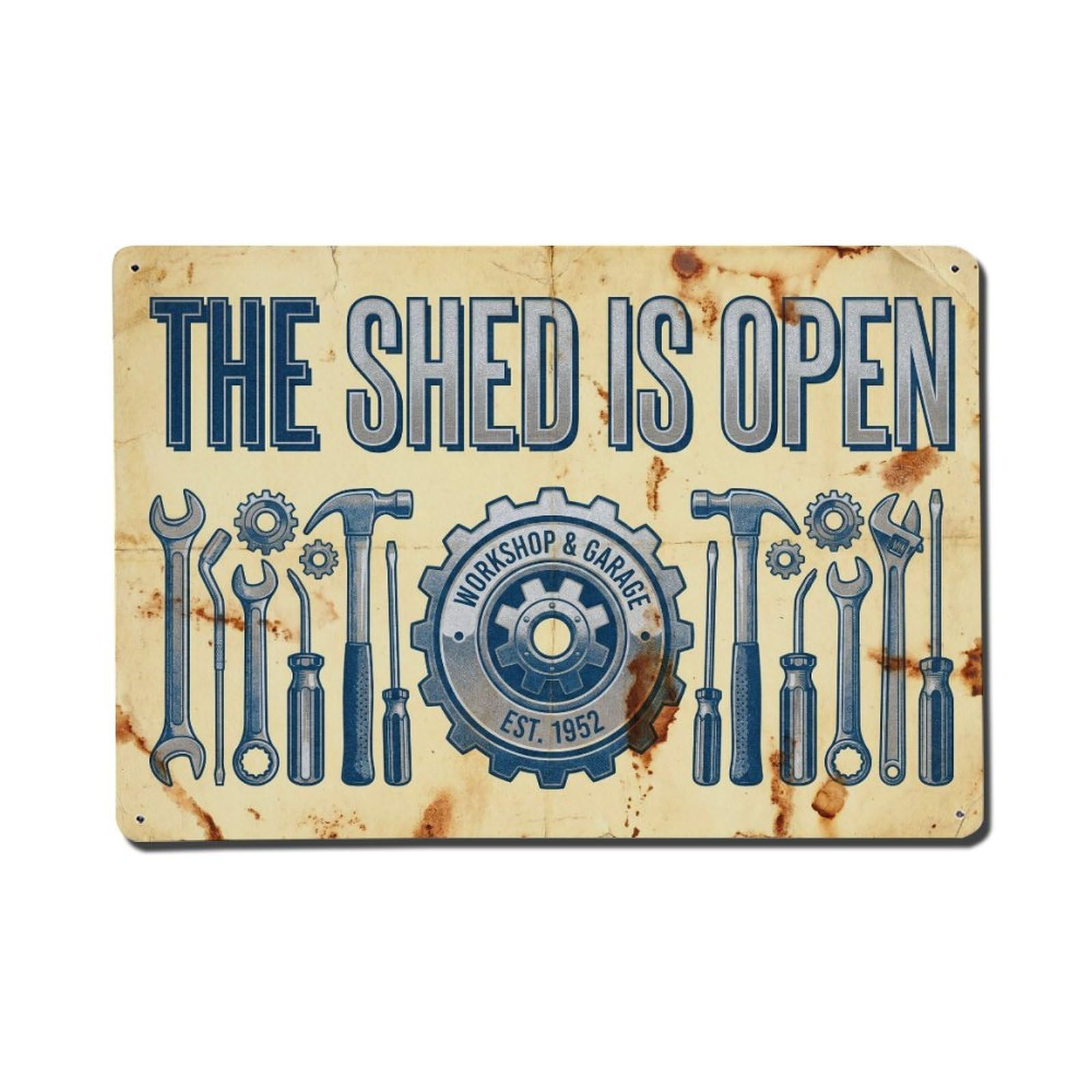 Shed Open Garden Tools Workshop Welcome Repair Service Metal Tin Sign Plaque Wall Decor for Cafe, Man Cave, Club Bar, Office, Home Garden Round Metal Poster 8x12Inch